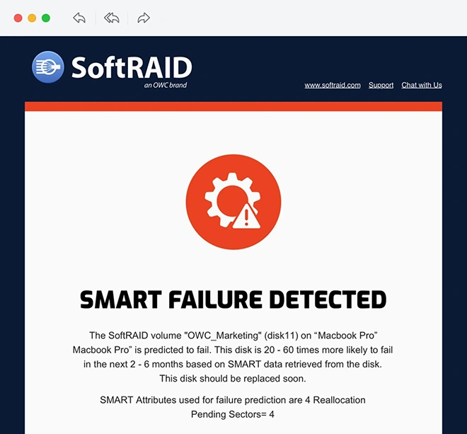 softraid8 notification drive email